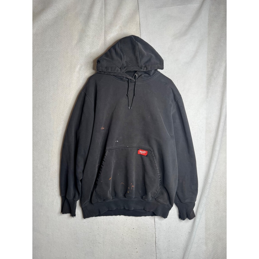 Milwaukee Tool Hoodie Mens XL Black Pullover Workwear Paint Splatter Distressed